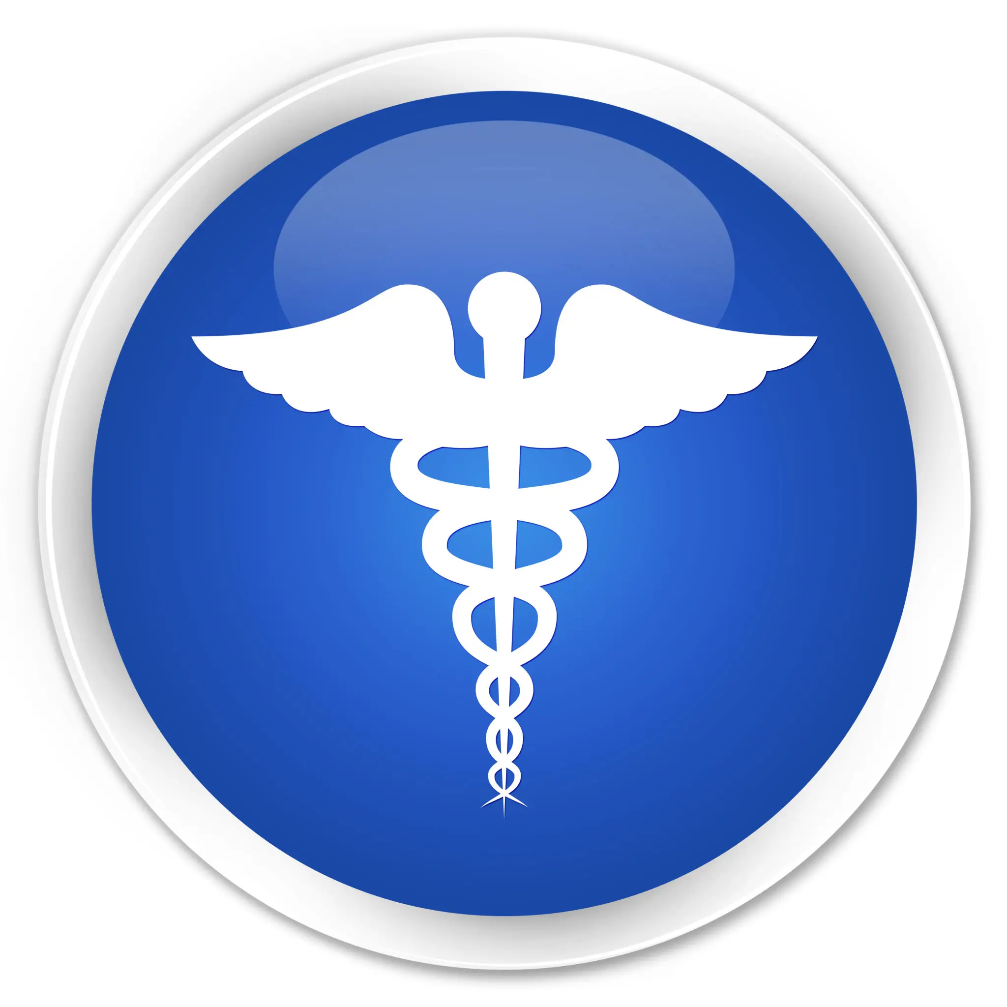 Caduceus symbol on blue circular background.